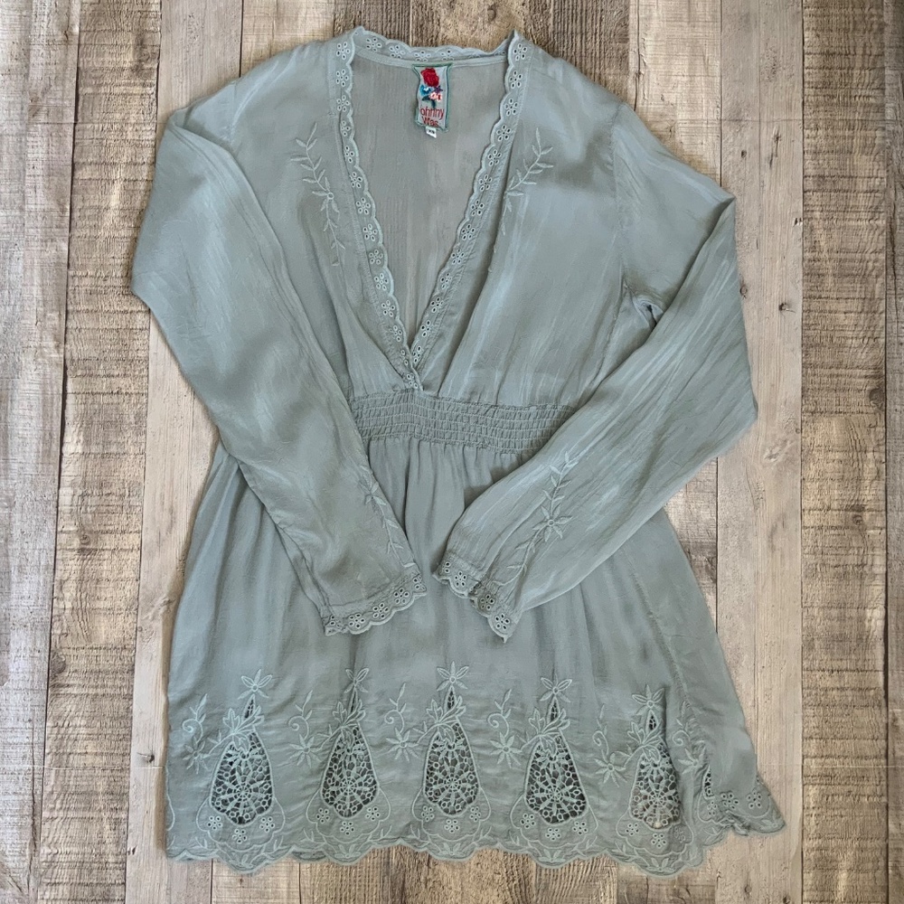 Johnny Was Grey Blue Lace Embroidered Deep V Neck Blouse Tunic SZ XS (S) - Picture 7 of 13